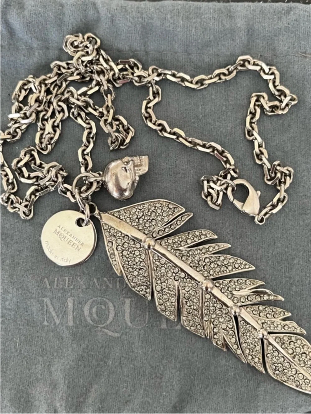 Alexander McQueen Antique Silver Pave Crystal Feather Necklace